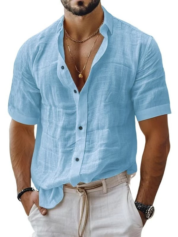 Men's Summer Lapel Shirt Solid Color Short Sleeve Cotton Linen Shirt