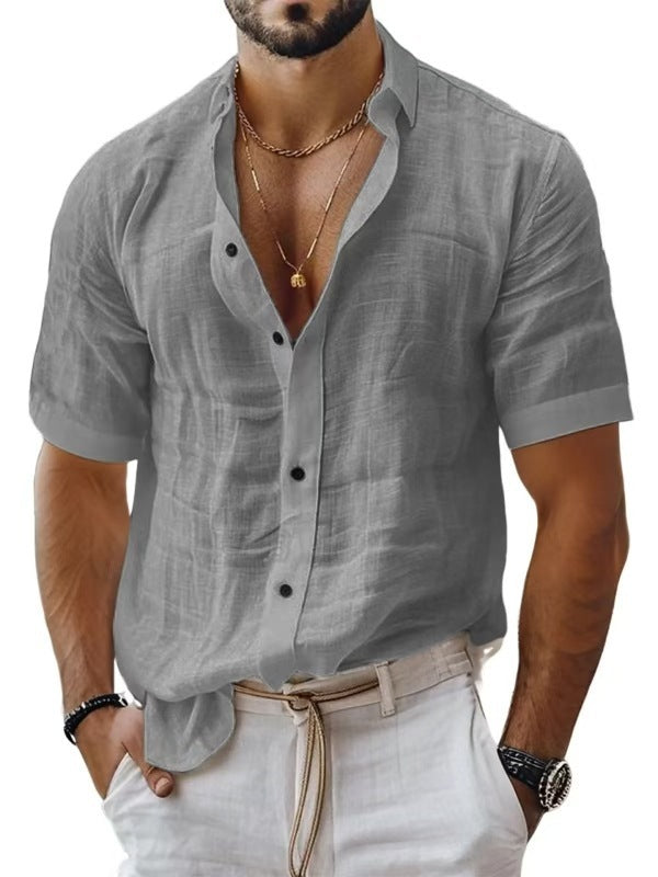 Men's Summer Lapel Shirt Solid Color Short Sleeve Cotton Linen Shirt
