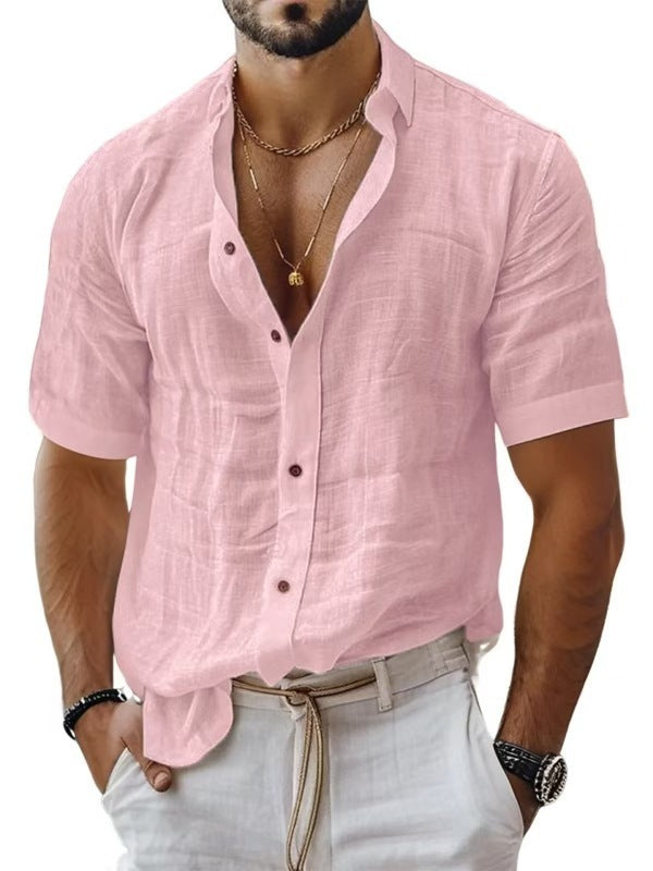 Men's Summer Lapel Shirt Solid Color Short Sleeve Cotton Linen Shirt