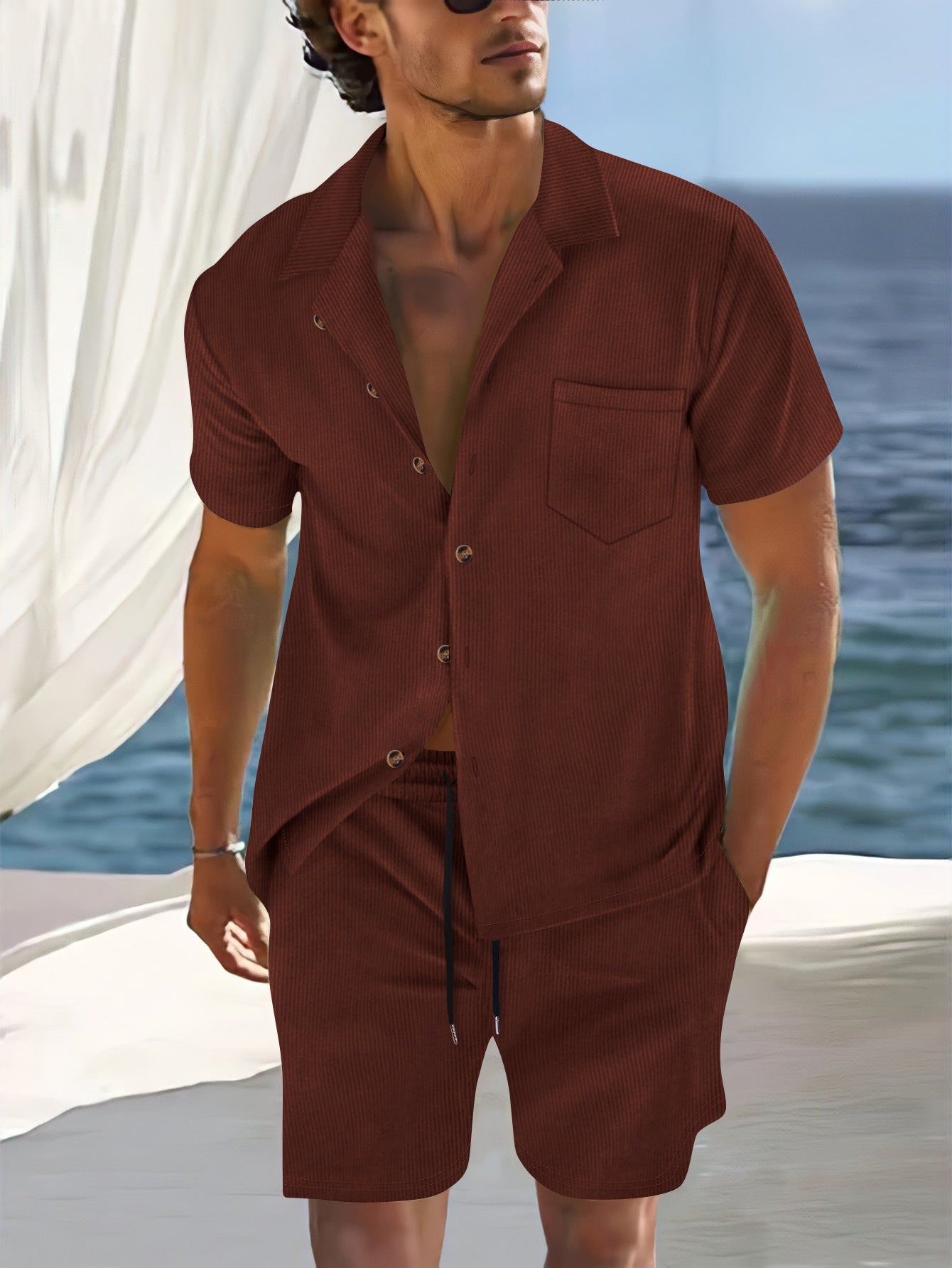 Men's Cross Border Polyester Short Sleeve Cuban Collar Shirt Summer Suit