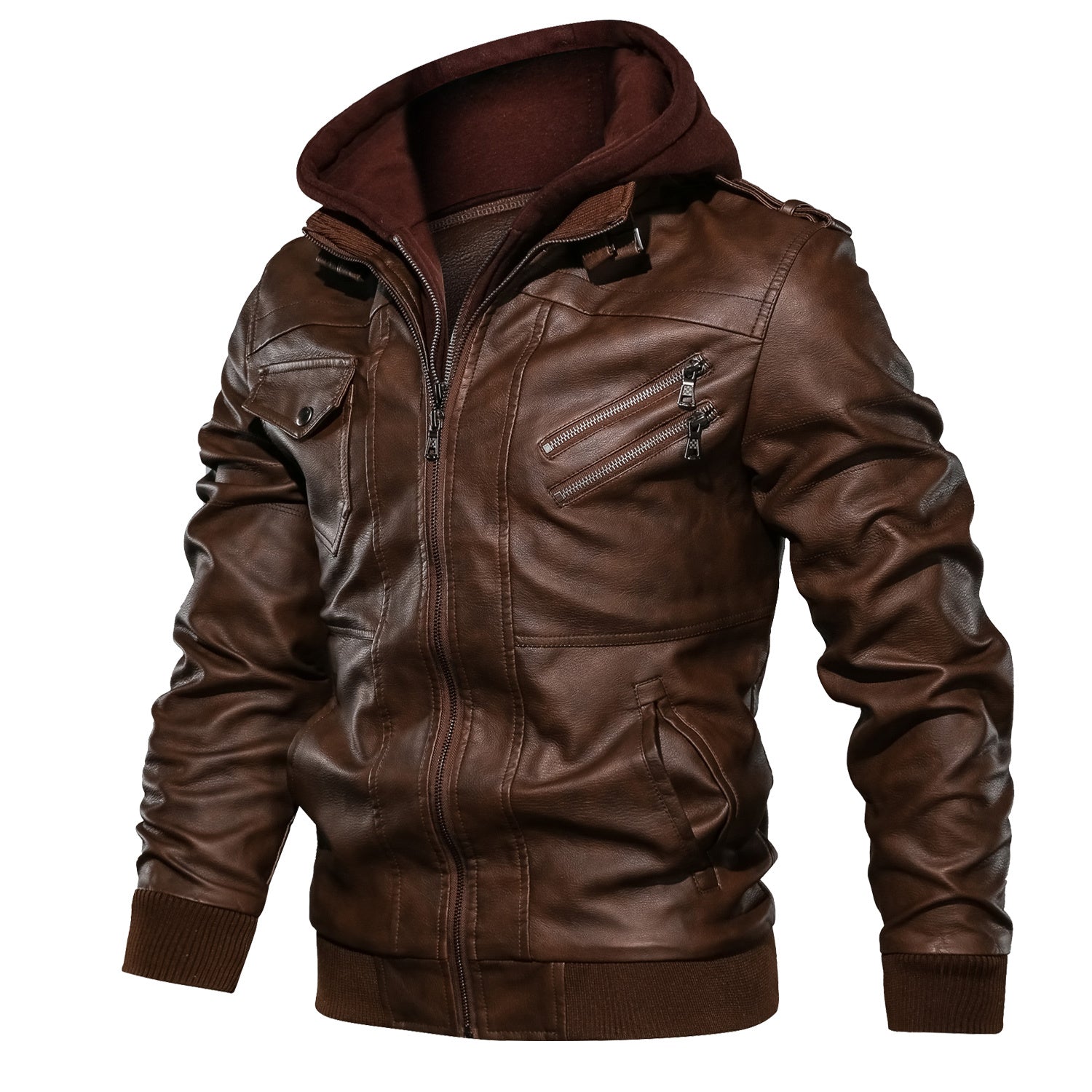 Men’s Faux Leather Slim Jacket – Lapel Zip-Up