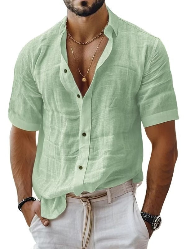 Men's Summer Lapel Shirt Solid Color Short Sleeve Cotton Linen Shirt