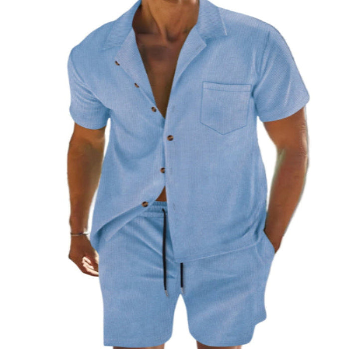 Men's Cross Border Polyester Short Sleeve Cuban Collar Shirt Summer Suit