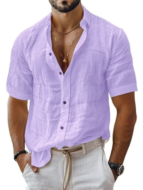 Men's Summer Lapel Shirt Solid Color Short Sleeve Cotton Linen Shirt