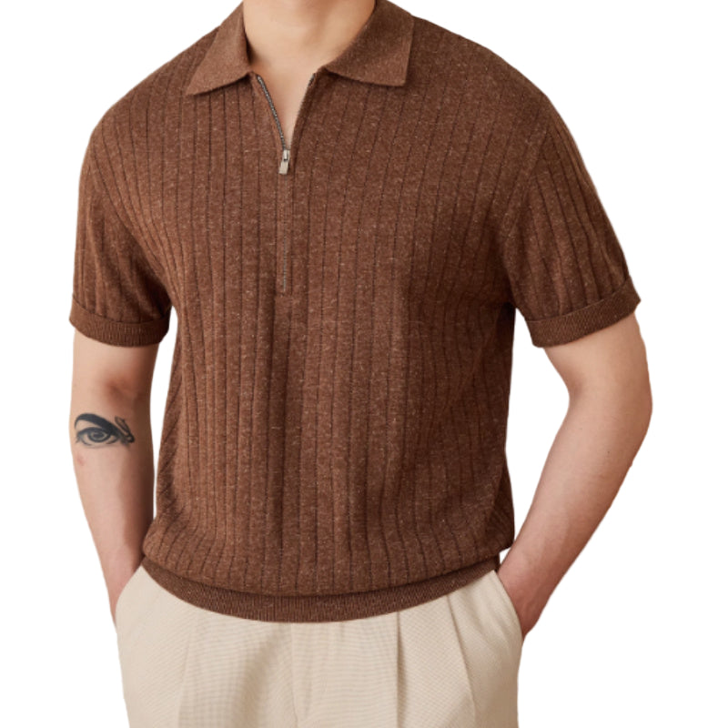 Linen Blend Lapel Zipper Sunken Stripe Short Sleeve