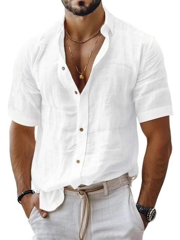 Men's Summer Lapel Shirt Solid Color Short Sleeve Cotton Linen Shirt