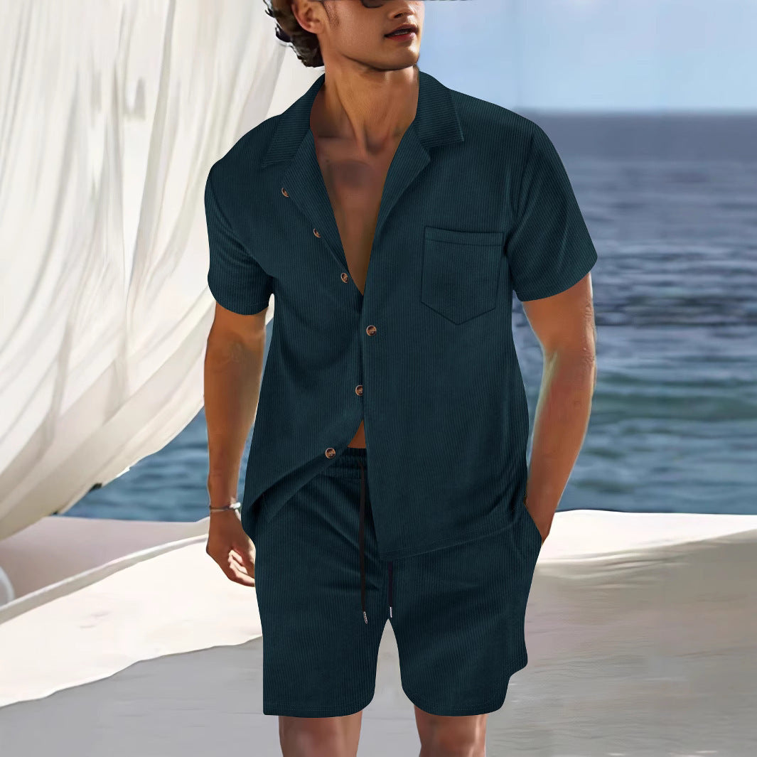 Men's Cross Border Polyester Short Sleeve Cuban Collar Shirt Summer Suit