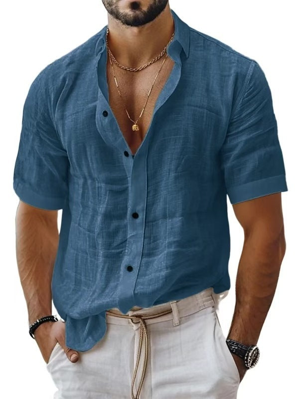 Men's Summer Lapel Shirt Solid Color Short Sleeve Cotton Linen Shirt
