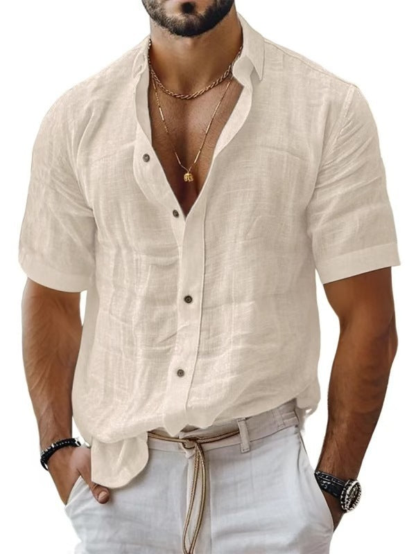 Men's Summer Lapel Shirt Solid Color Short Sleeve Cotton Linen Shirt