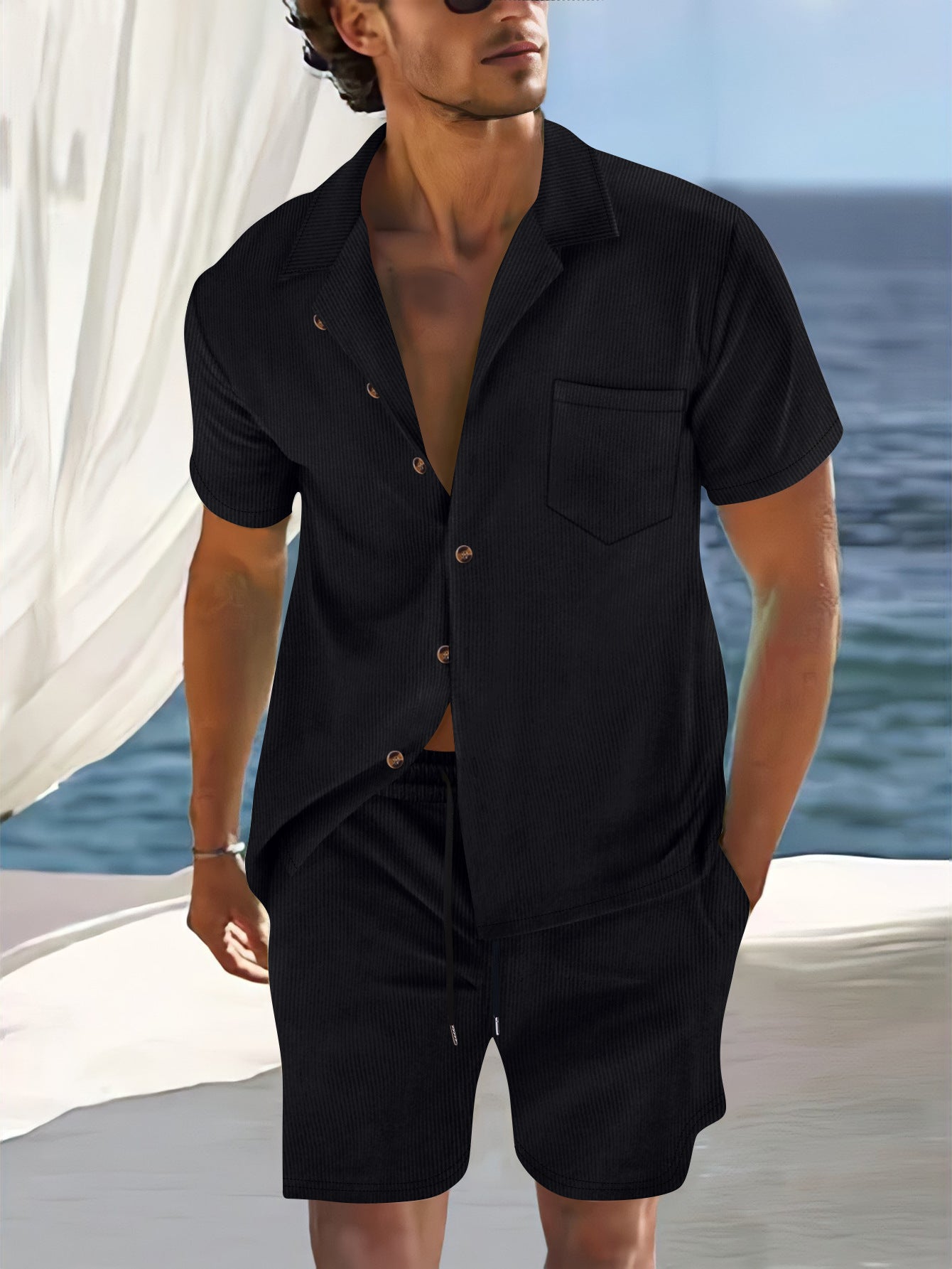 Men's Cross Border Polyester Short Sleeve Cuban Collar Shirt Summer Suit