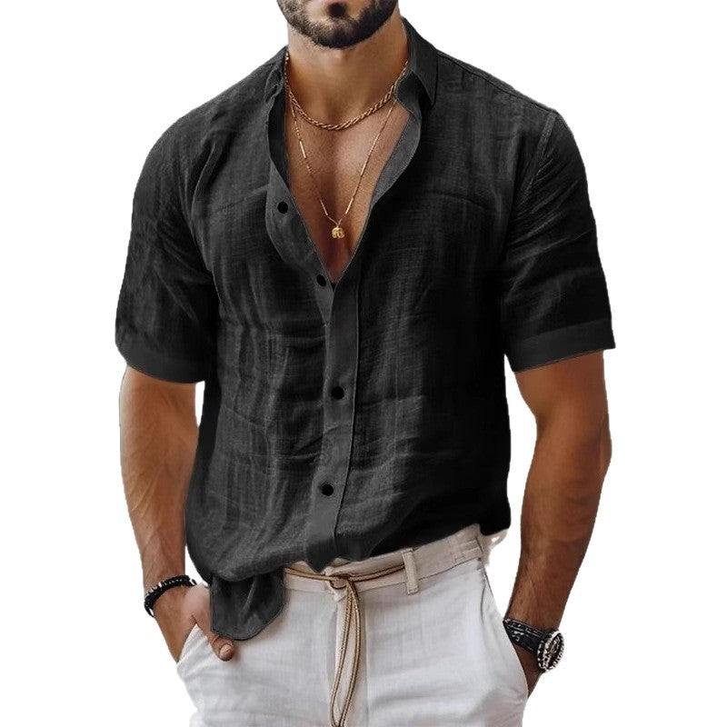 Men's Summer Lapel Shirt Solid Color Short Sleeve Cotton Linen Shirt